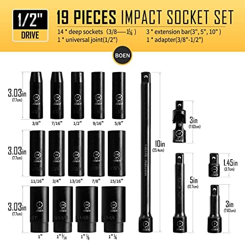 BOEN 1/2" Drive SAE Deep Impact Socket Set, 19 Piece Cr-V Steel Socket Set - Image 3