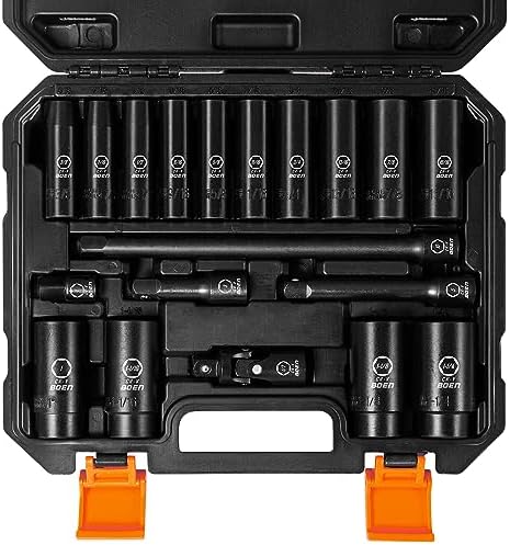 BOEN 1/2" Drive SAE Deep Impact Socket Set, 19 Piece Cr-V Steel Socket Set